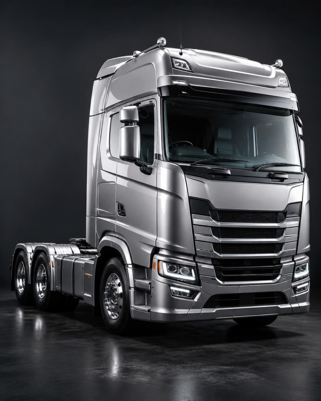 Silver metallic UK semi truck with polished chrome detailing
